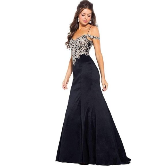 Jovani Black Gold Embroidered Mermaid Gown $499 - Picture 1 of 13
